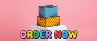 Colorful stacked gift boxes on a white podium with a pink background and bold multicolor Order Now text for sale promotion.