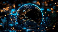 Glowing digital Earth globe with illuminated continents against dark background with bokeh lights, representing global connectivity and technology.
