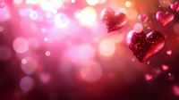 Glittering red hearts floating on romantic pink bokeh background with soft light effects and dreamy atmosphere.