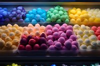 Colorful array of ice cream scoops in display case showing vibrant flavors from purple, pink, yellow to blue and green, arranged in neat rows behind glass.