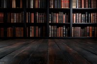 Dark wooden table surface against blurred vintage library bookshelf background with leather-bound books creates atmospheric academic setting for product display.