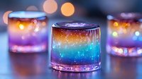 Colorful layered cocktail in glass with rainbow gradient effect and bokeh lights background. Vibrant drink photography with magical glowing appearance.