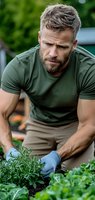 Muscular Caucasian man with gray hair and beard wearing olive t-shirt and protective gloves tends to herbs and vegetables in backyard garden on summer day.