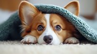 Adorable Pembroke Welsh Corgi puppy with bright blue eyes peeking out from under cozy teal blanket, lying on cream carpet, expressing cute playful mood.