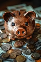 Bronze piggy bank surrounded by coins and dollar bills on dark background, representing savings, investment and financial planning concept.