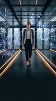 Professional businesswoman walking through futuristic data center with glowing network connections and server racks in modern technology facility.