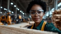 Young African American female industrial worker wearing safety glasses and overalls smiles confidently in warehouse setting with forklift and storage racks in background.