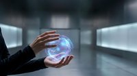 Businessman hands protecting glowing digital sphere with holographic data visualization in modern office environment for technology and innovation concepts.