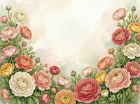 Watercolor ranunculus flowers frame border with soft pastel colors on textured paper background for wedding invitations and spring designs.