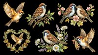 Sparrows clipart set with flowers and wreaths, isolated on transparent background. Six charming bird compositions for stickers, t-shirt design, print on demand, and sublimation.