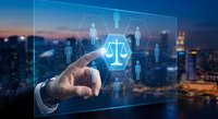 Businessman touching digital justice scale icon with connected people network overlay on city skyline background representing legal technology solutions.
