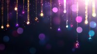 Magical glowing string lights and bokeh effects on dark background create dreamy atmosphere with purple, gold and blue colors for festive occasions.