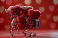 Red knitted hearts in miniature shopping cart on romantic bokeh background for Valentine's Day love concept and holiday marketing campaigns.