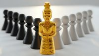 Golden leader figure standing out among black and white chess pieces in circular formation representing leadership, success, and strategic thinking.