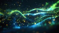 Magical glowing waves of blue and green light with sparkling particles and bokeh effects flowing through dark space creating ethereal atmosphere.