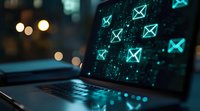 Glowing email icons floating on laptop screen with bokeh background, modern digital communication concept in dark cyan tones. For business and tech designs.