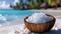 Fresh crushed ice in natural coconut shell bowl on tropical sandy beach with turquoise ocean water and palm trees in blurred background.