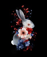 Floral bunny silhouette with delicate pink, red and blue flowers on black background, artistic spring composition for seasonal greeting cards and decorative prints.