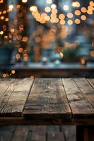 Rustic wooden table surface with blurred warm bokeh lights in background creating magical holiday atmosphere. For product display and festive compositions.