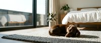 Brown dog sleeping peacefully on gray rug in bright modern bedroom with natural sunlight streaming through large windows creating cozy home atmosphere.