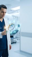 Male doctor in white coat interacting with futuristic holographic medical interface displaying digital health icons in modern hospital setting.