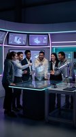 Diverse business team collaborating around holographic display in futuristic control room with purple neon lighting and digital screens for technology presentations.