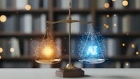 Brass scales of justice balancing glowing AI technology and traditional law concepts with digital particles and warm lighting in modern office setting.
