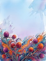 Vibrant watercolor thistle flowers with futuristic circuit patterns in purple, orange, and teal tones on a soft blue background.