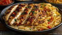 Grilled chicken breast sliced and served with creamy pasta, cherry tomatoes and fresh herbs on dark plate. Homemade Italian cuisine with rich sauce.