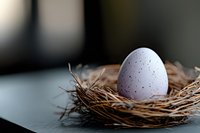 White speckled egg resting in dried straw nest on dark surface, suitable for Easter, spring, and nature-themed designs.