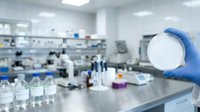 Scientist in blue latex glove holding petri dish in laboratory with blurred background of equipment, bottles, and workspace for research, microbiology, and pharmaceutical development.