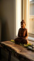 Wooden Buddha statue in meditation pose on rustic table with moss and stones near window with warm natural light for zen interior design and mindfulness.