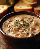 Creamy mushroom soup with fresh thyme in ceramic bowl served with crusty bread slices on wooden table for comfort food dining and restaurant menu.