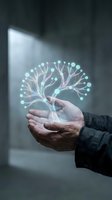 Mature male hand holding glowing digital tree network with connected nodes, representing growth, innovation, technology, and data connectivity in modern business environment.