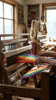 Traditional wooden loom with colorful rainbow striped textile being woven in artisan workshop studio with natural sunlight streaming through windows.