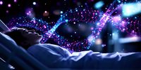 Young woman lying in bed with magical glowing particles and light trails floating above, creating dreamy atmosphere in dark bedroom. Concept of dreams and imagination.