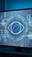 Futuristic digital eye with neon spiral iris on holographic interface display for cybersecurity and artificial intelligence technology concepts.