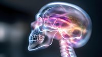 Glowing translucent skull with colorful neural activity visualization showing brain waves and synaptic connections in pink, purple and orange colors on dark background.