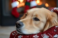 Golden Retriever dog wearing red Christmas sweater resting near fireplace with stockings in background, festive holiday atmosphere with soft bokeh lights.
