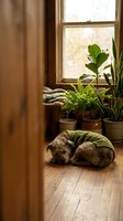Small dog sleeping peacefully on wooden floor near window with houseplants in cozy home interior with warm natural lighting and rustic decor.