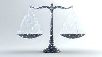 Digital scales of justice created from connected dots and lines on light background, symbolizing law technology and digital transformation of legal services.