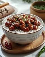 Glazed chicken pieces in sweet and spicy sauce served over steamed white rice in ceramic bowl, garnished with fresh herbs and chili peppers on wooden board.