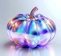 Iridescent holographic pumpkin with metallic rainbow surface reflecting pink, purple, and blue colors on light background, modern festive autumn decor.
