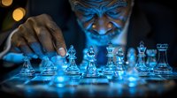 African American man contemplating glass chess pieces on illuminated board with dramatic blue lighting creating mysterious strategic atmosphere and competitive mood.