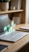 Smart home automation technology concept with glowing green icons floating above laptop computer on wooden desk in modern office workspace for IoT applications.