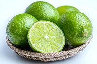 Fresh whole green limes and half cut lime showing juicy pulp in woven basket on white background, macro food photography for cooking and cocktails.