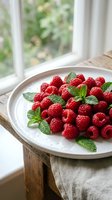 Fresh red raspberries with mint leaves arranged on white plate by window, ideal for food styling, culinary blogs, recipe websites, and healthy eating content.