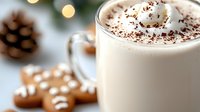 Creamy hot chocolate topped with whipped cream and cocoa powder served with gingerbread cookies and pine cone holiday decorations against blurred festive lights.