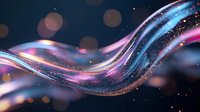 Glowing abstract waves with pink and blue light trails against dark background, sparkling particles creating dynamic flowing motion effect for modern design projects.