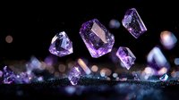 Vibrant purple amethyst crystals floating against dark background with bokeh lights, showcasing natural mineral formation in dramatic macro photography.